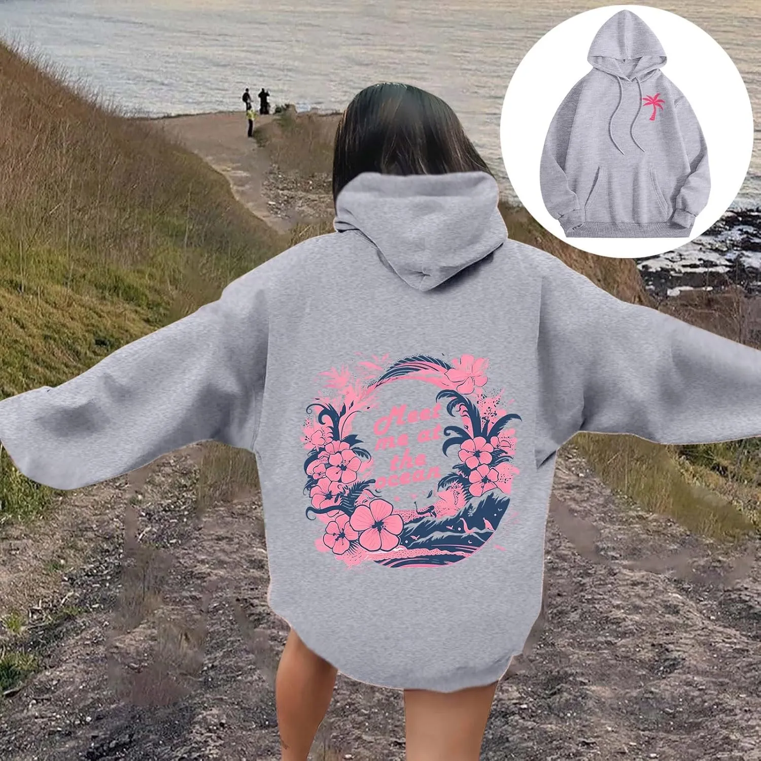 Hoodie for Women Meet Me at The Ocean Oversized Preppy Graphic Sweatshirt Teen Girls Cute Y2K Casual Pullover Tops