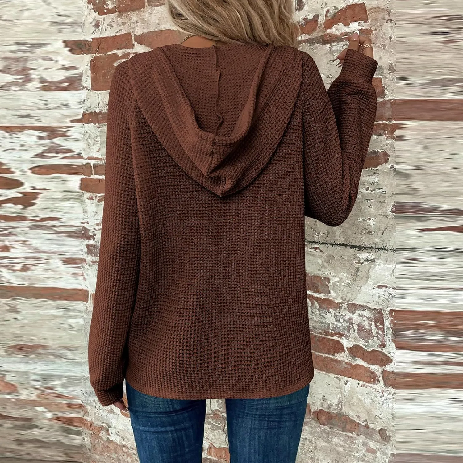 Hoodies For Women Trendy Long Sleeve V Neck Buttons Shirts Fashion Pullover Waffle Kint Tops Oversized Sweatshirts