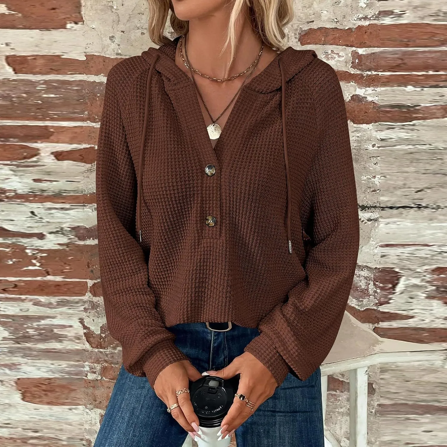 Hoodies For Women Trendy Long Sleeve V Neck Buttons Shirts Fashion Pullover Waffle Kint Tops Oversized Sweatshirts