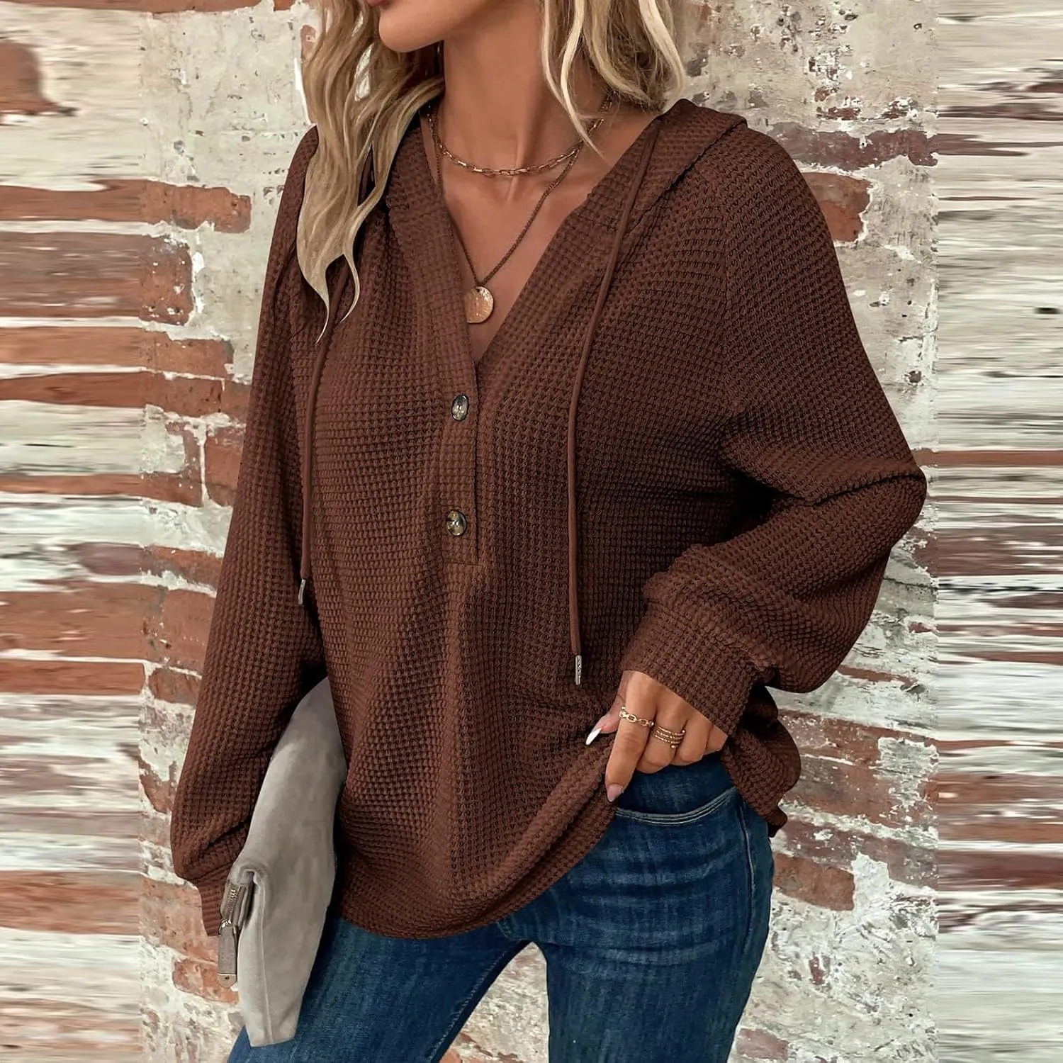 Hoodies For Women Trendy Long Sleeve V Neck Buttons Shirts Fashion Pullover Waffle Kint Tops Oversized Sweatshirts