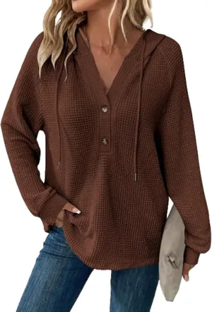 Hoodies For Women Trendy Long Sleeve V Neck Buttons Shirts Fashion Pullover Waffle Kint Tops Oversized Sweatshirts