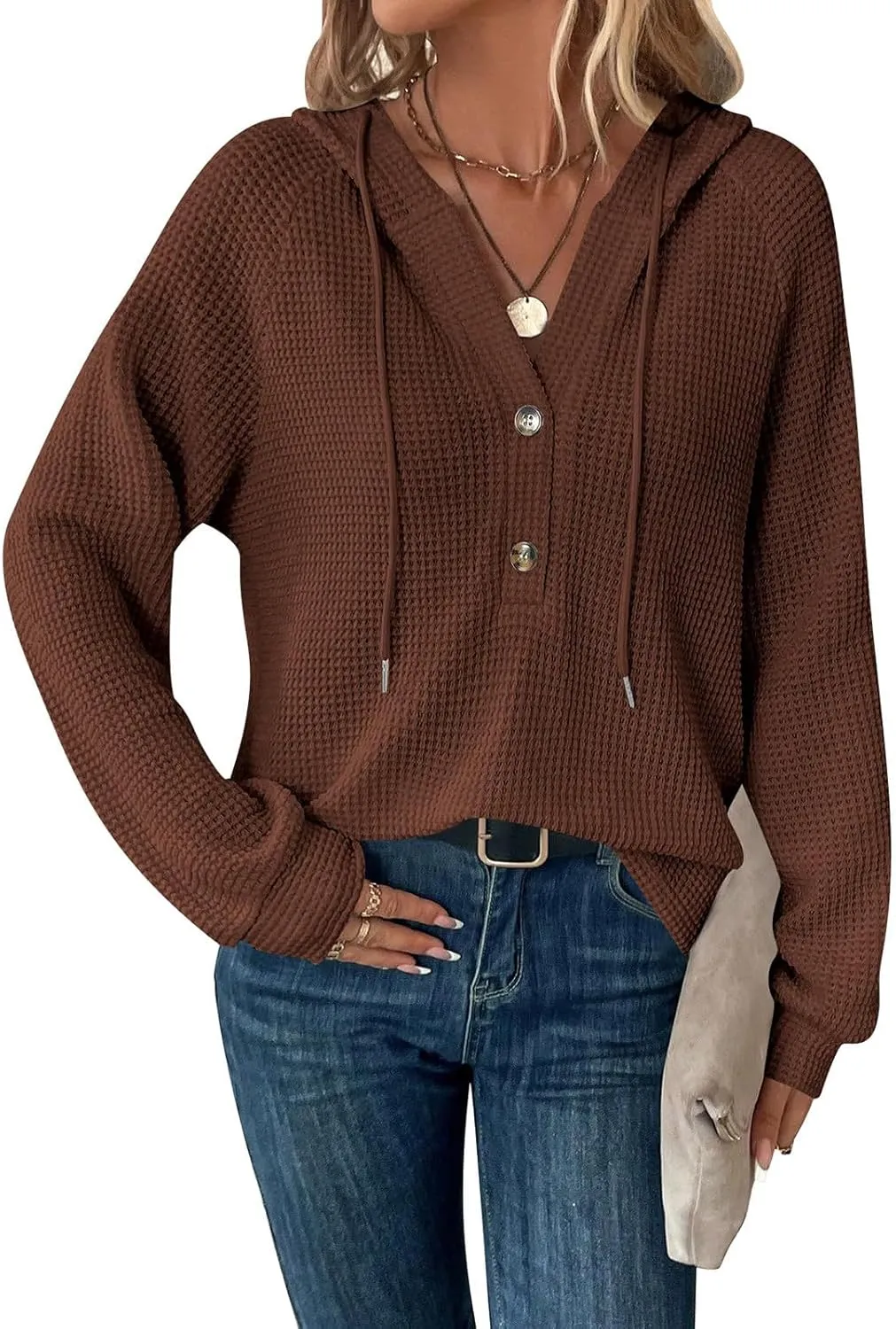 Hoodies For Women Trendy Long Sleeve V Neck Buttons Shirts Fashion Pullover Waffle Kint Tops Oversized Sweatshirts