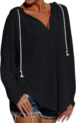 Hoodies for Women Trendy Winter Vneck Sweatshirts Oversized Long Sleeve Tshirts Loose Fit Plain Color Sweatshirts