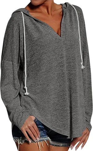 Hoodies for Women Trendy Winter Vneck Sweatshirts Oversized Long Sleeve Tshirts Loose Fit Plain Color Sweatshirts