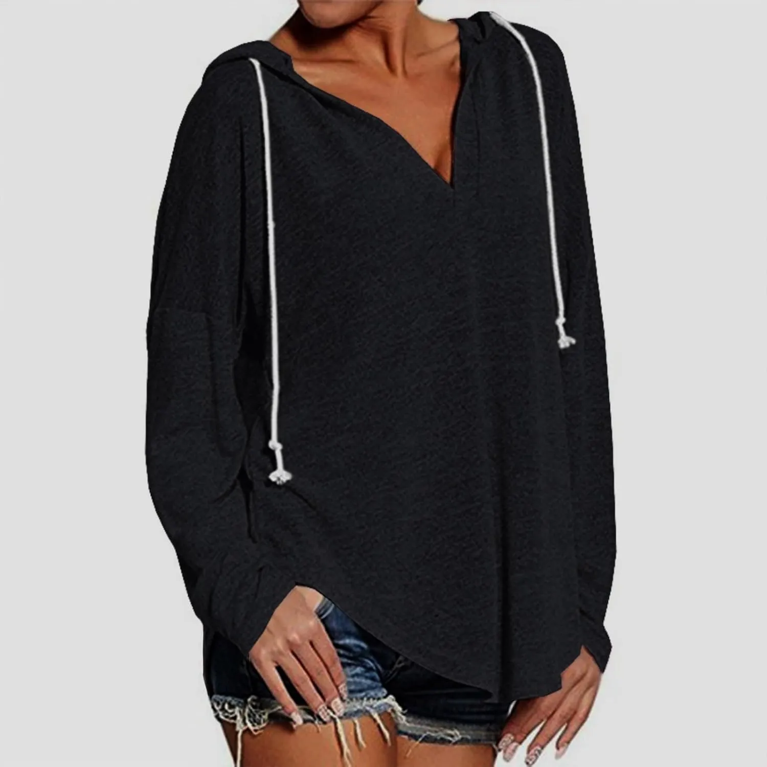 Hoodies for Women Trendy Winter Vneck Sweatshirts Oversized Long Sleeve Tshirts Loose Fit Plain Color Sweatshirts