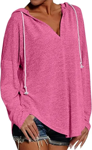 Hoodies for Women Trendy Winter Vneck Sweatshirts Oversized Long Sleeve Tshirts Loose Fit Plain Color Sweatshirts