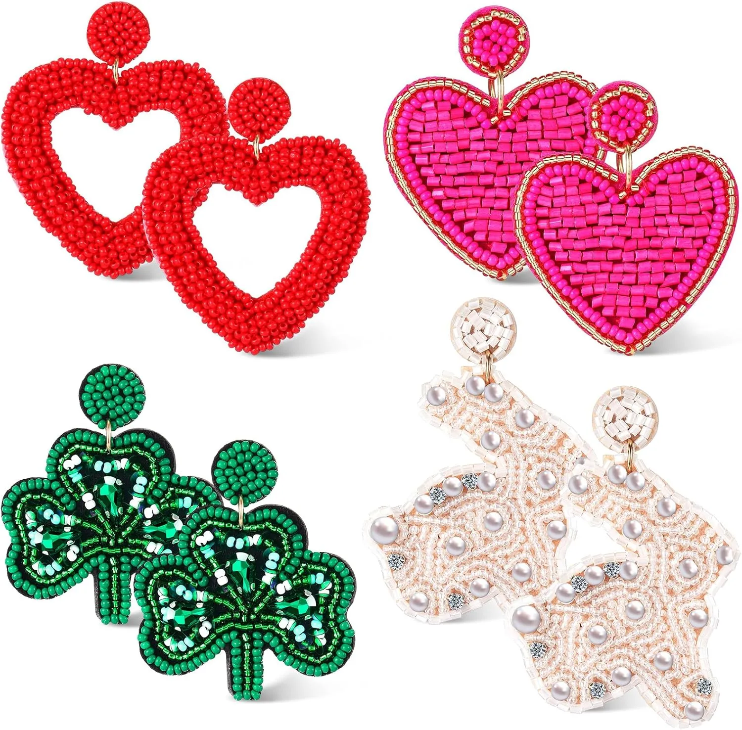 Hotop 4 Pairs Valentine's Day Beaded Drop Earrings Heart Hoop Dangle Earrings Bohemia Danglers Studs for Women