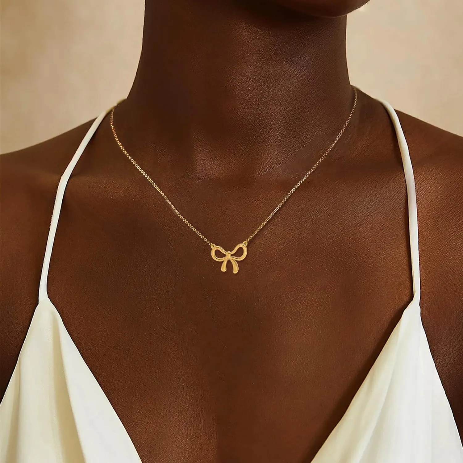 HUASAI Gold Bow Necklace for Women 14K Dainty Gold Necklace Small Bow Pendant Choker Necklace Trendy Necklace Jewelry Gift