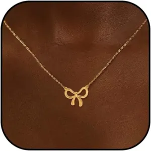 HUASAI Gold Bow Necklace for Women 14K Dainty Gold Necklace Small Bow Pendant Choker Necklace Trendy Necklace Jewelry Gift