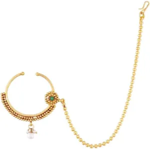 I Jewels Gold Plated Indain Wedding Bollywood Ethnic Bridal Clip on Nose Ring/Nath without piercing with chain Encased With Faux Stones for Women (NL09G)