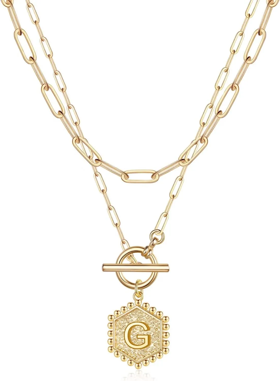 IEFWELL Layered Gold Necklaces for Women - 14K Gold Plated Silver Rose Gold Paperclip Chain Necklace Initial Necklaces for Women Toggle Clasp Layered Necklace Jewelry