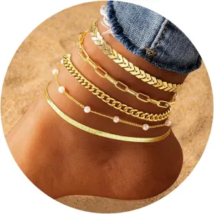 iF YOU Gold Ankle Bracelets for Women, 14k Gold Plated Waterproof Cuban Pearl Snake Chain Anklets Set, Gold Anklets for Women Beach Gift Adjustable Size