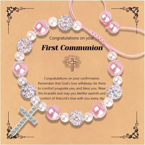 INENIMARTJ Communion Jewelry- Pearl Cross Bracelet First Communion,Baptism,Confirmation Jewelry Pink Catholic Christian Bracelet Prom Jewelry Sweet Jewelry for Daughter Granddaughter