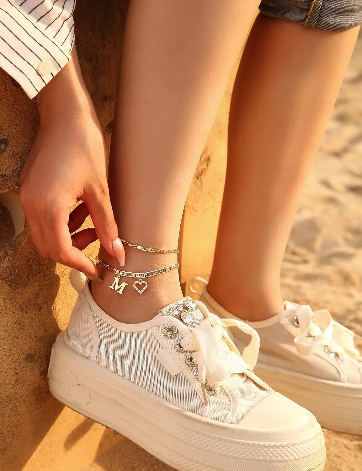 Initial Ankle Bracelets for Women Waterproof 14K Gold Plated Dainty Layered Figaro Chain Letter Initial CZ Heart Ankle Bracelets Set Summer Beach Jewelry for Women
