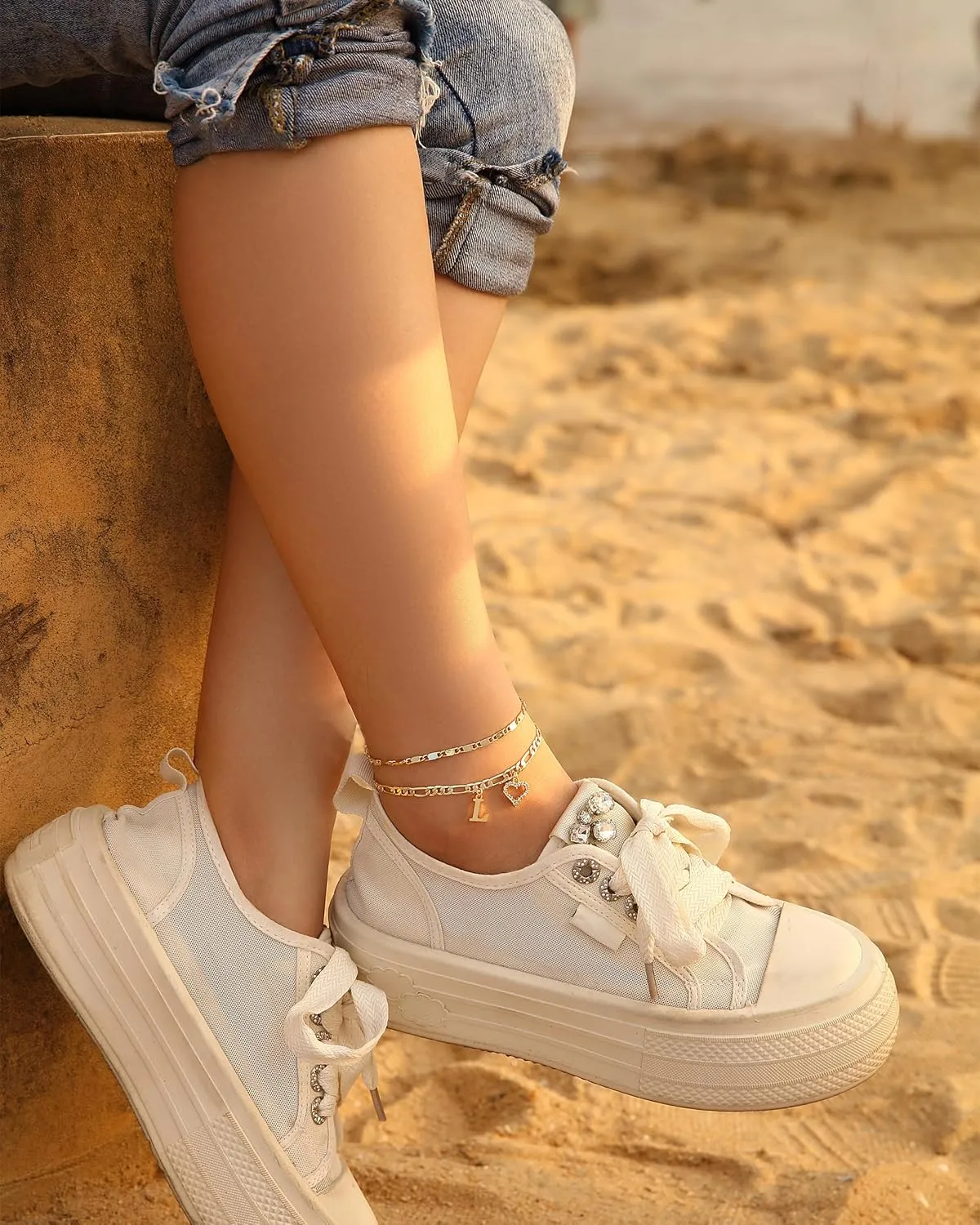Initial Ankle Bracelets for Women Waterproof 14K Gold Plated Dainty Layered Figaro Chain Letter Initial CZ Heart Ankle Bracelets Set Summer Beach Jewelry for Women