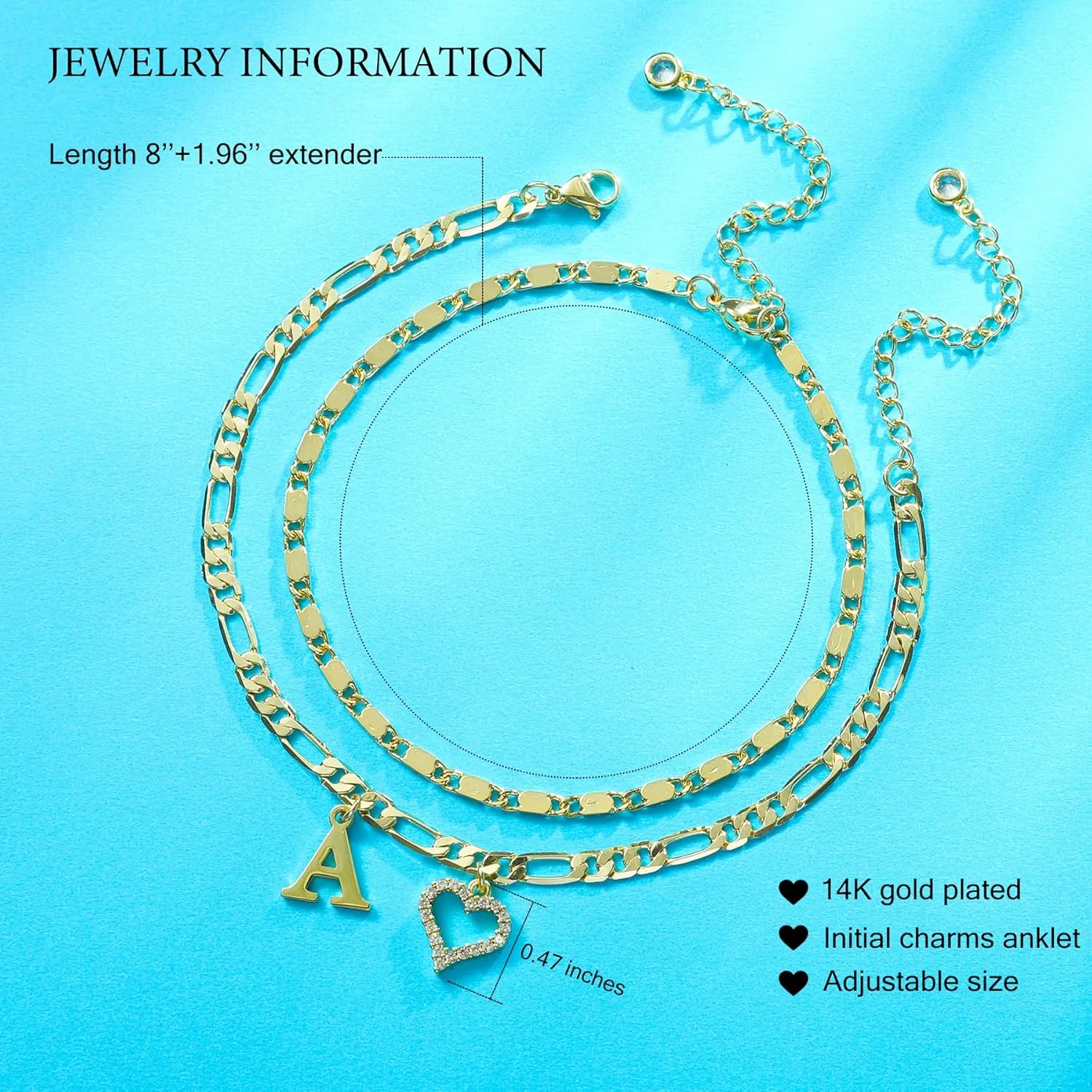 Initial Ankle Bracelets for Women Waterproof 14K Gold Plated Dainty Layered Figaro Chain Letter Initial CZ Heart Ankle Bracelets Set Summer Beach Jewelry for Women