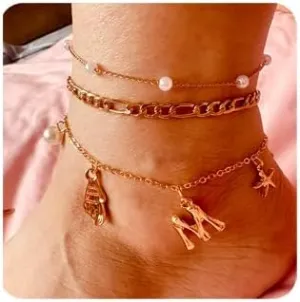 Initial Charm Anklets For Women Shell Letter Anklets Set Gold Charms Pendant Boho Summer Seashell Beach 14k Jewelry for Women Gift