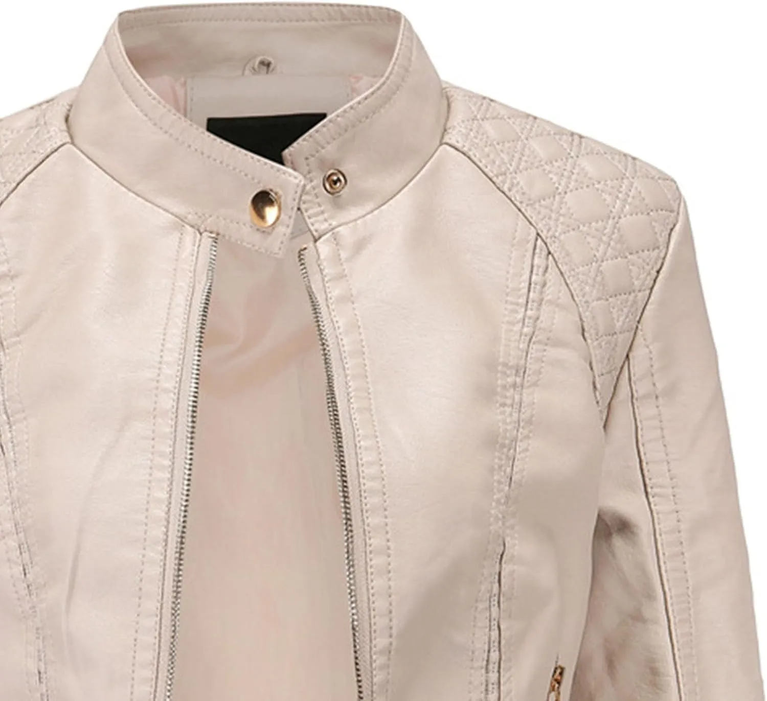 JEsilunmaMY Women's Solid Color Motorcycle Leather Jacket Stand Collar Zip Up Moto Biker Outwear Casual Loose Bomber Coats