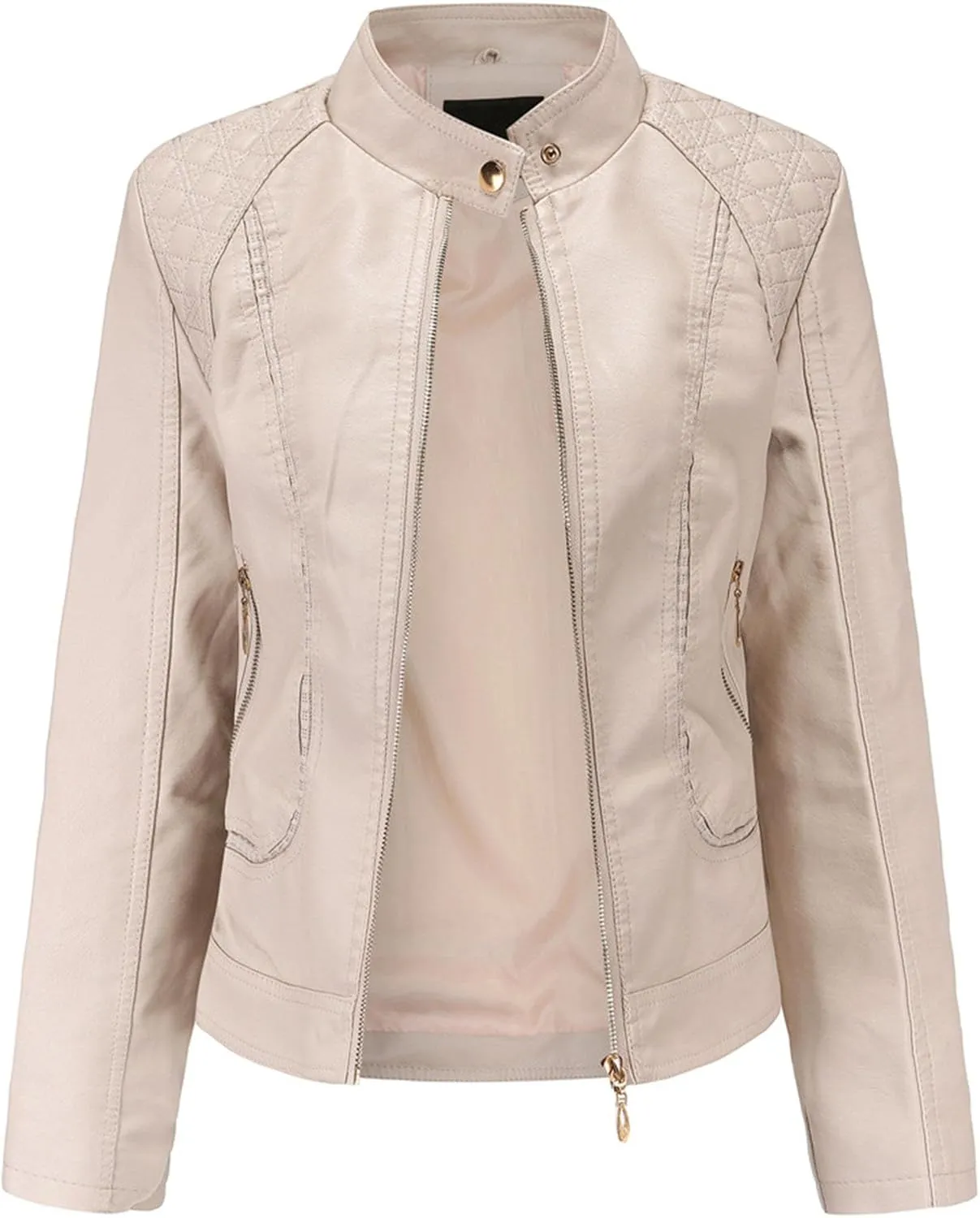 JEsilunmaMY Women's Solid Color Motorcycle Leather Jacket Stand Collar Zip Up Moto Biker Outwear Casual Loose Bomber Coats