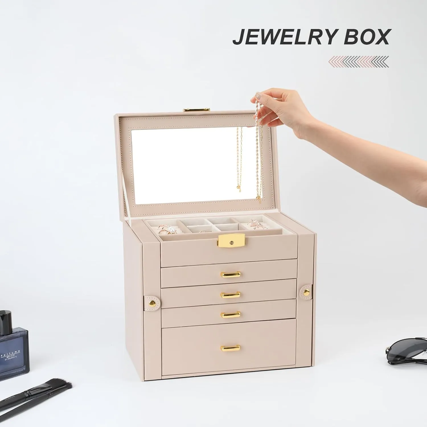 Jewelry Box for Women, 5-Layer Jewelry Organizers Box, Large Jewelry Storage Box for Girls, Jewelry Holder Organizers Gift for Valentine's Day, Christmas (Apricot)