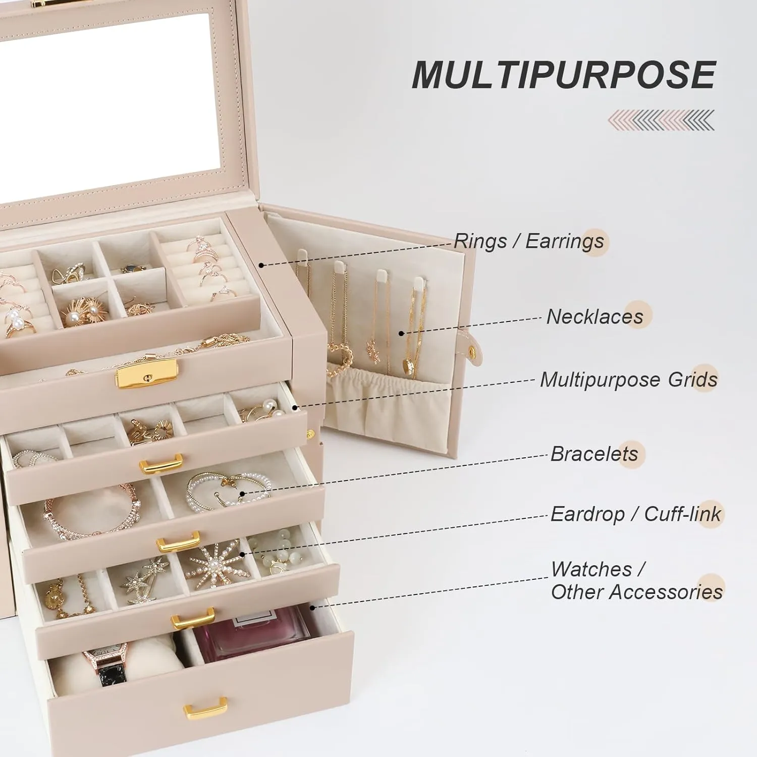 Jewelry Box for Women, 5-Layer Jewelry Organizers Box, Large Jewelry Storage Box for Girls, Jewelry Holder Organizers Gift for Valentine's Day, Christmas (Apricot)