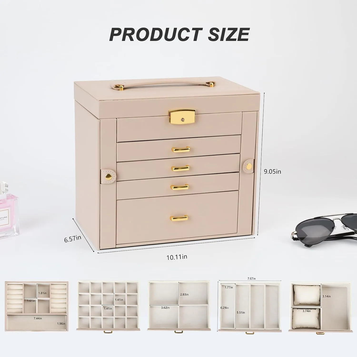Jewelry Box for Women, 5-Layer Jewelry Organizers Box, Large Jewelry Storage Box for Girls, Jewelry Holder Organizers Gift for Valentine's Day, Christmas (Apricot)