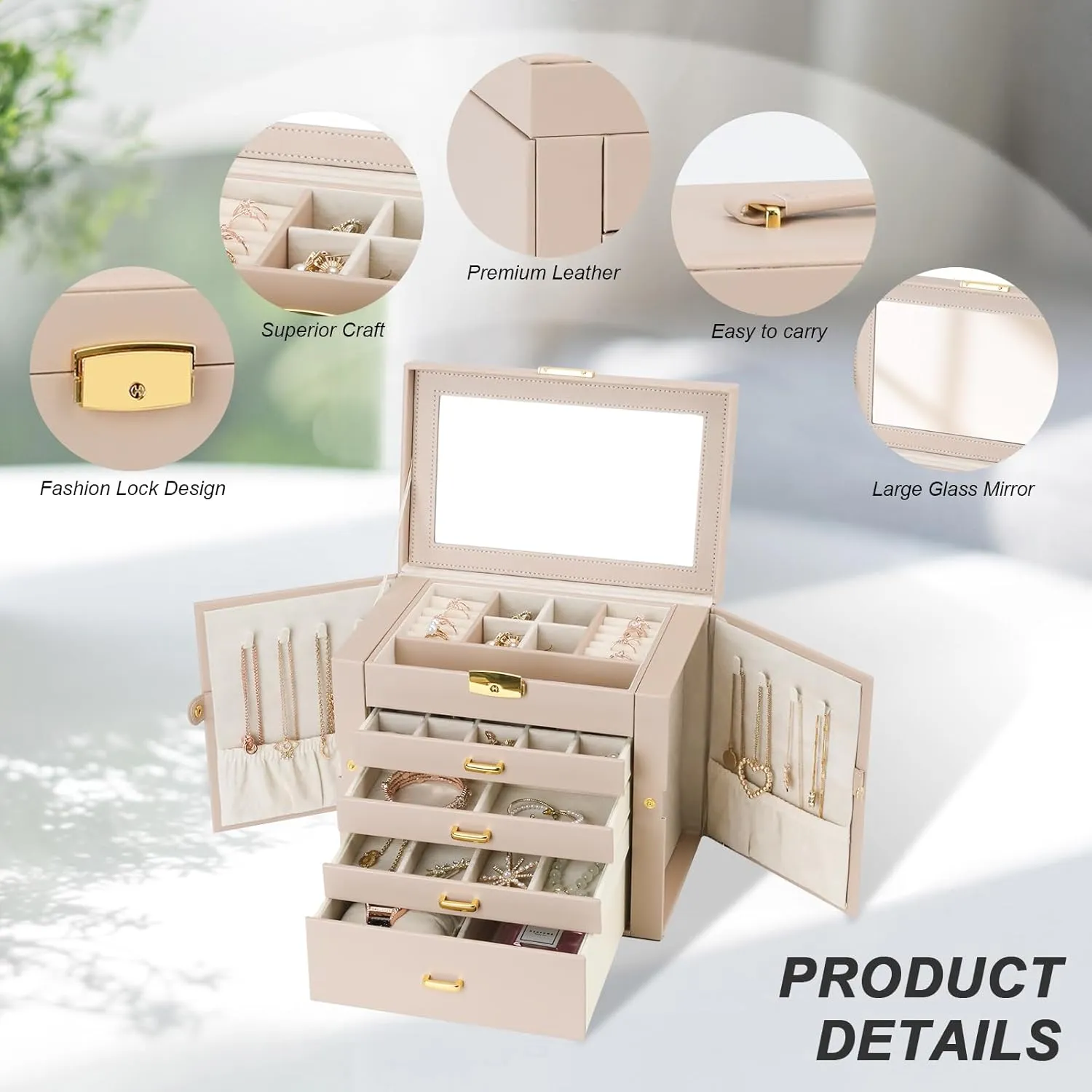 Jewelry Box for Women, 5-Layer Jewelry Organizers Box, Large Jewelry Storage Box for Girls, Jewelry Holder Organizers Gift for Valentine's Day, Christmas (Apricot)