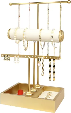 Jewelry Organizer Stand 3-in-1 Jewelry Holder for Necklaces Bracelet Earrings & Ring Jewelry Tree Jewelry Tower Metal & Wood-Gold