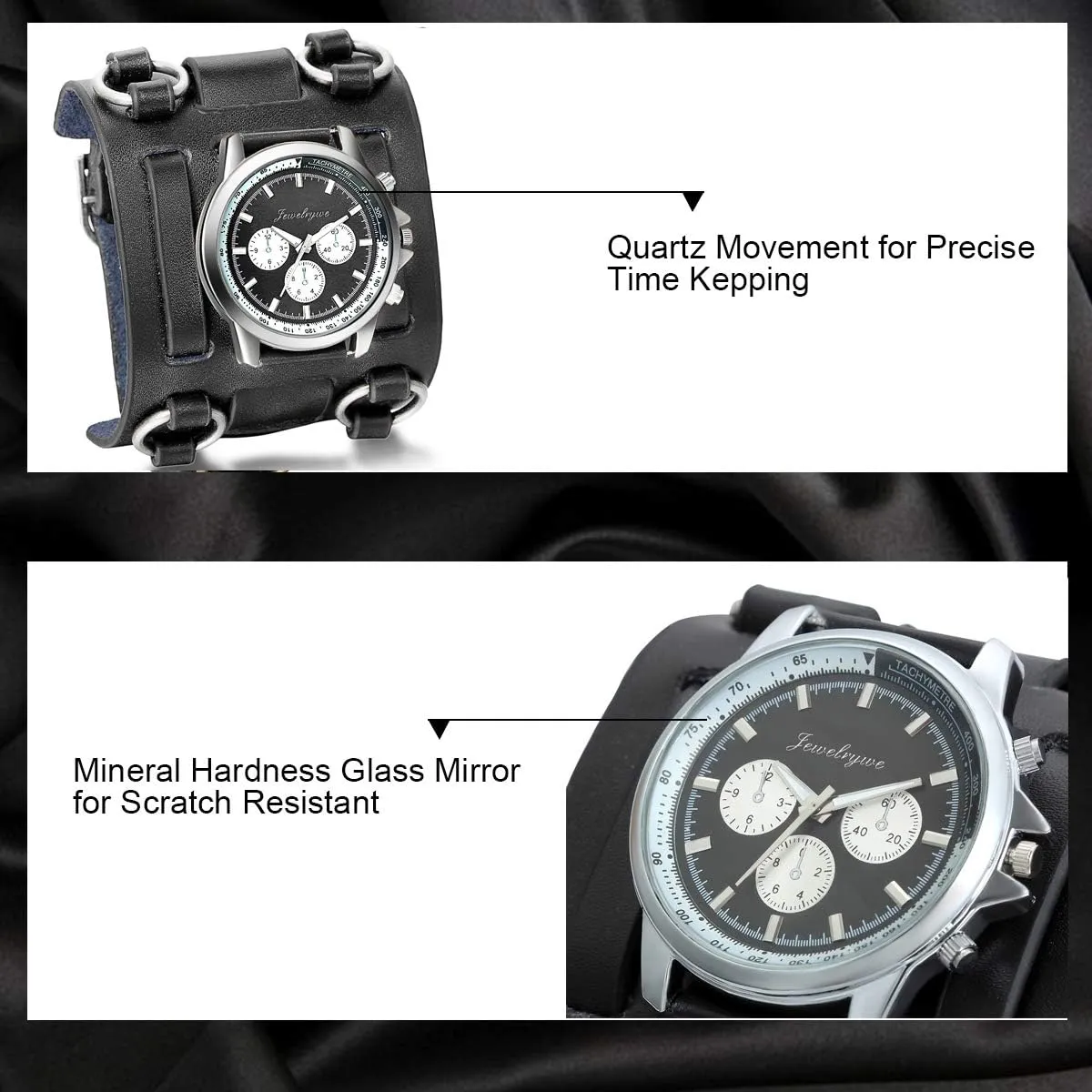 JewelryWe Black Brown Hip-hop Gothic Punk Style Men Watch Wide Leather Fashion Cuff Wristwatch