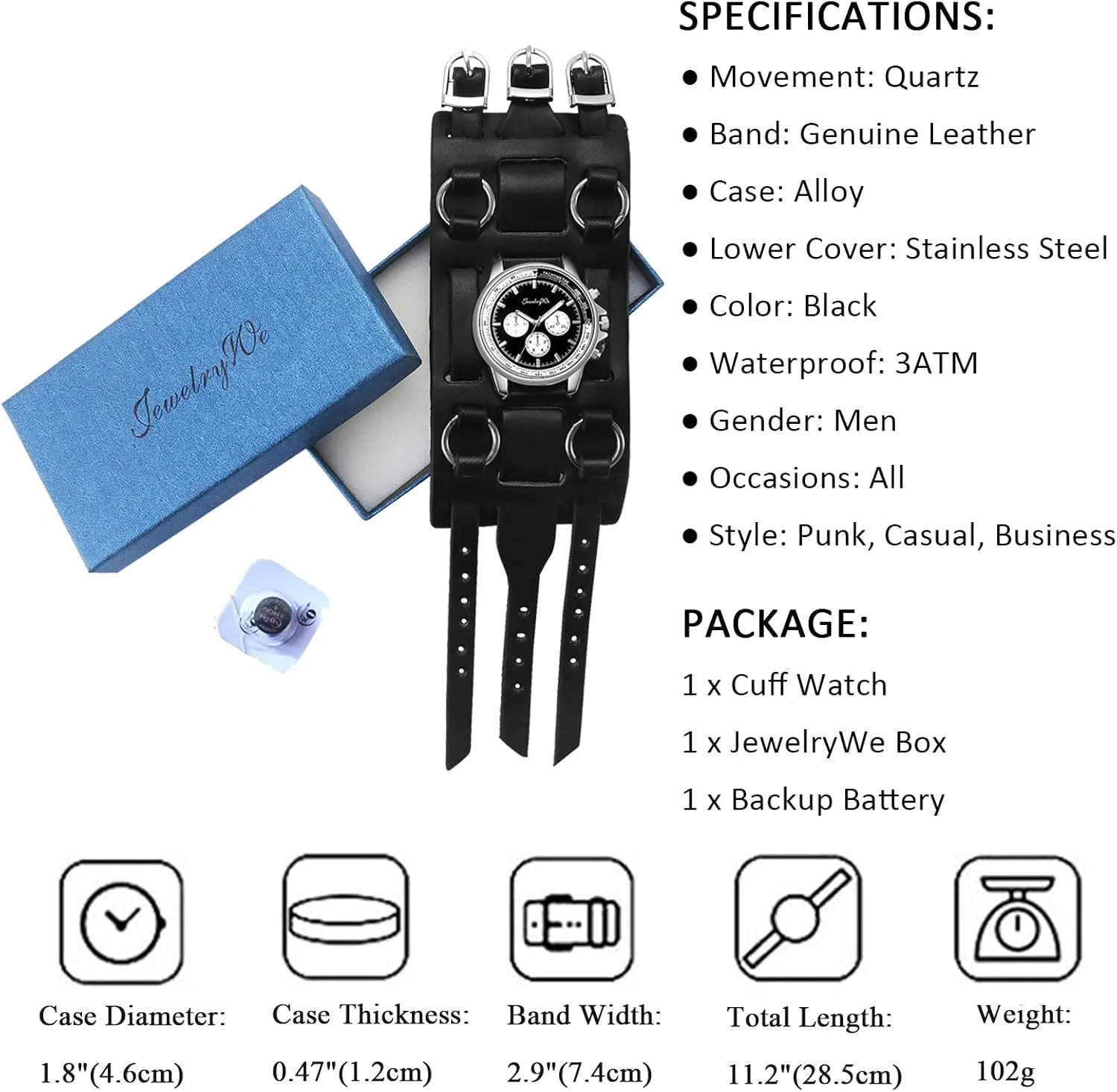 JewelryWe Black Brown Hip-hop Gothic Punk Style Men Watch Wide Leather Fashion Cuff Wristwatch