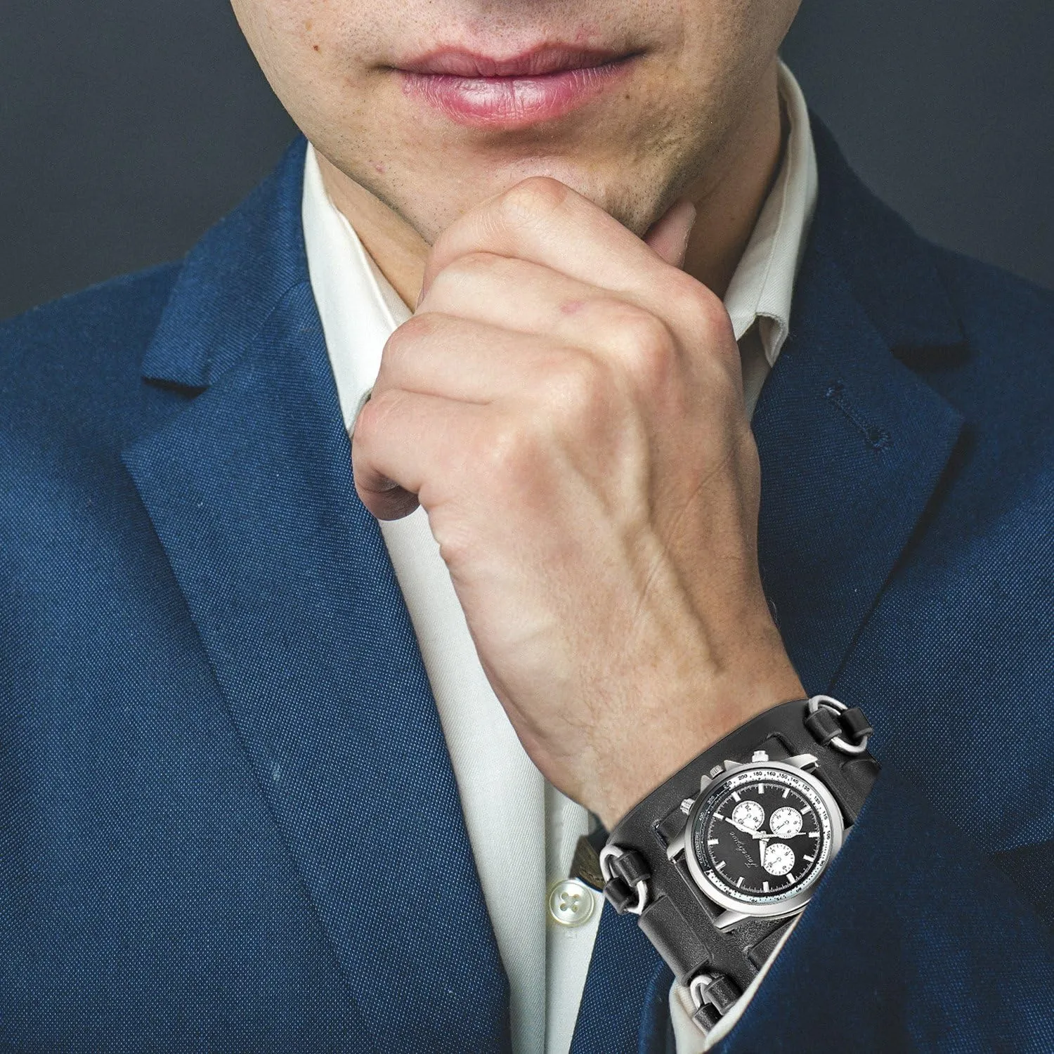 JewelryWe Black Brown Hip-hop Gothic Punk Style Men Watch Wide Leather Fashion Cuff Wristwatch