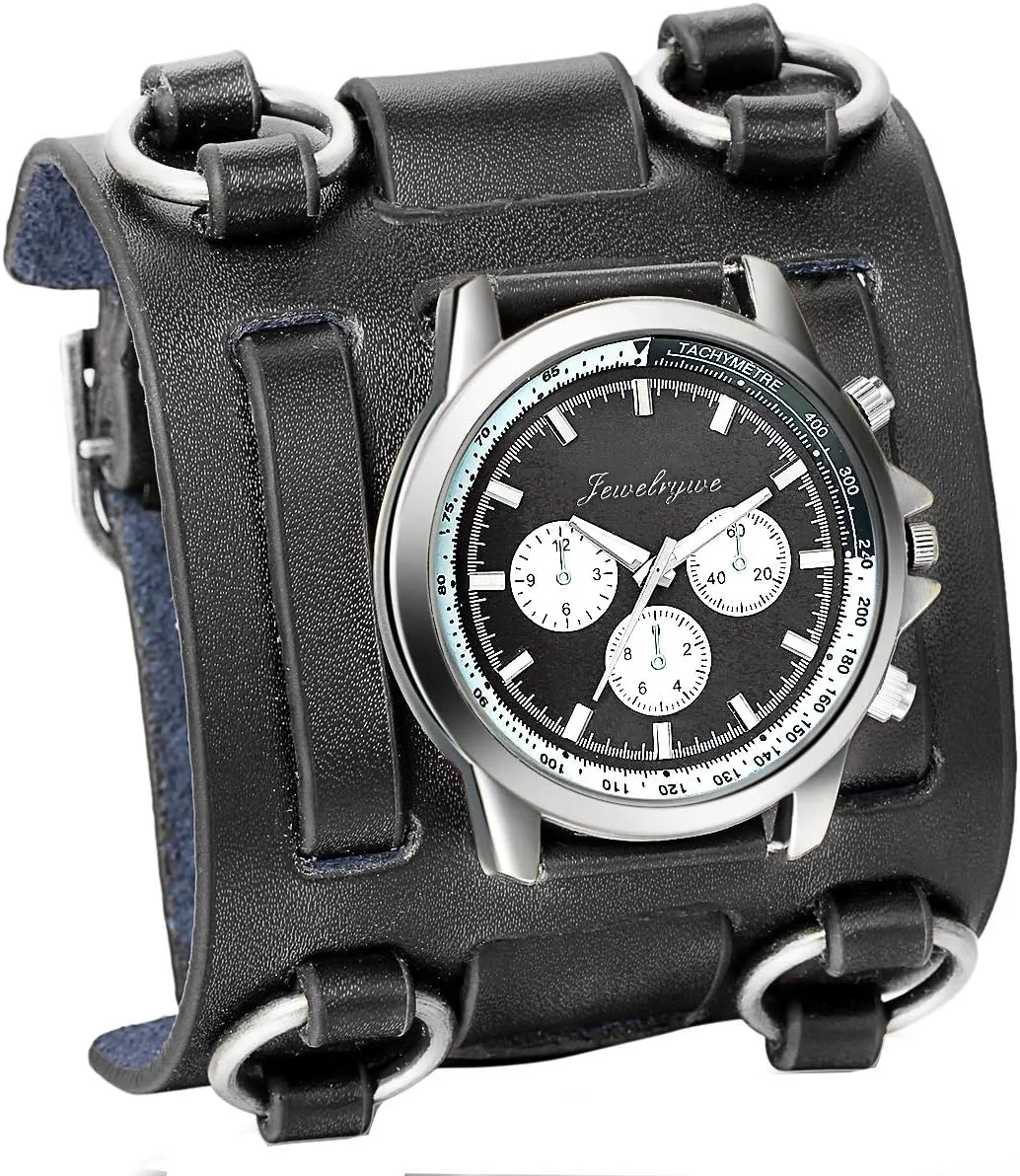 JewelryWe Black Brown Hip-hop Gothic Punk Style Men Watch Wide Leather Fashion Cuff Wristwatch