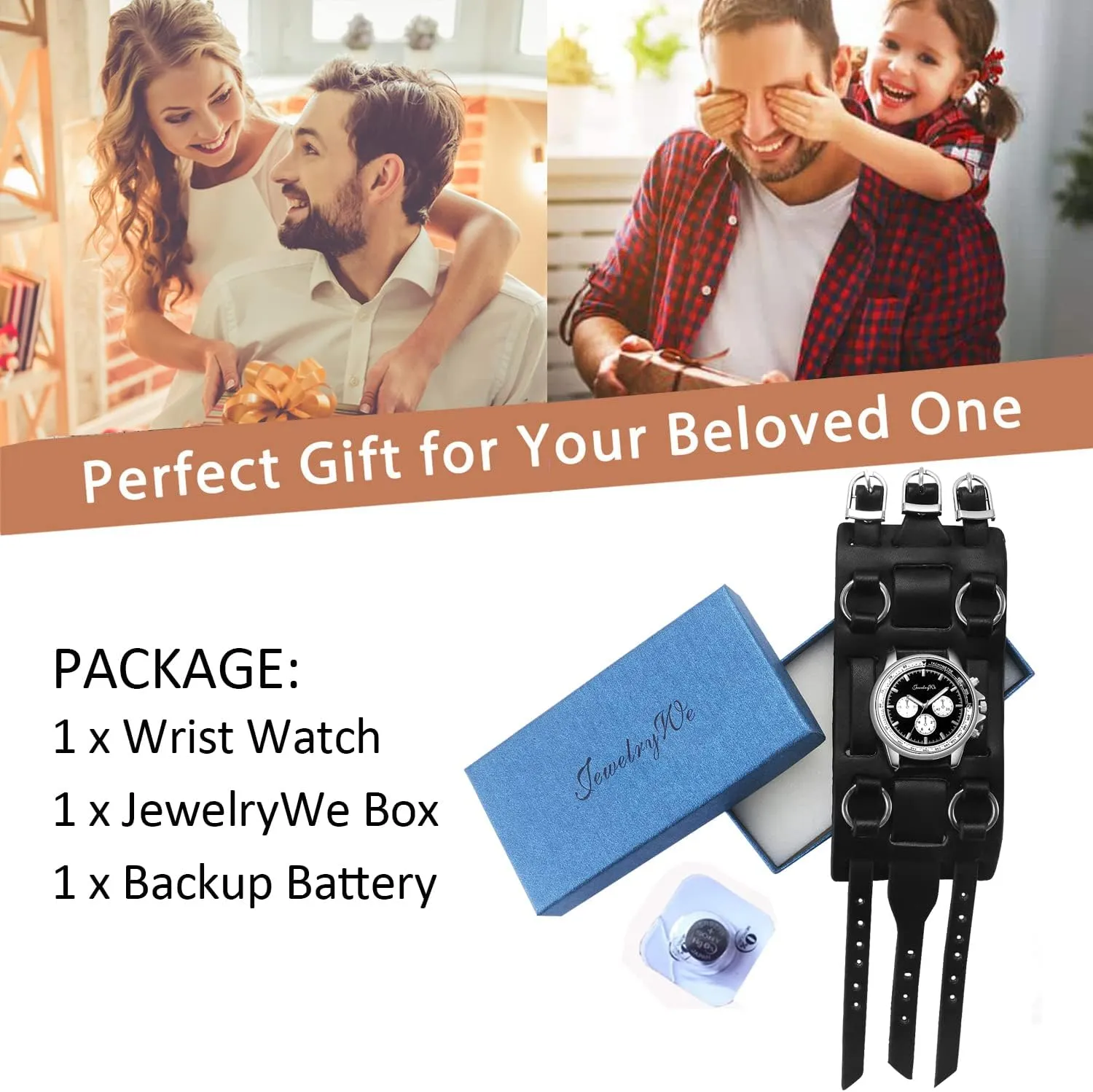 JewelryWe Black Brown Hip-hop Gothic Punk Style Men Watch Wide Leather Fashion Cuff Wristwatch