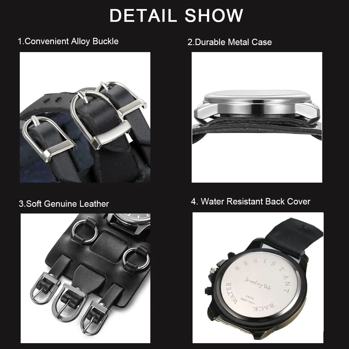 JewelryWe Black Brown Hip-hop Gothic Punk Style Men Watch Wide Leather Fashion Cuff Wristwatch