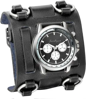 JewelryWe Black Brown Hip-hop Gothic Punk Style Men Watch Wide Leather Fashion Cuff Wristwatch