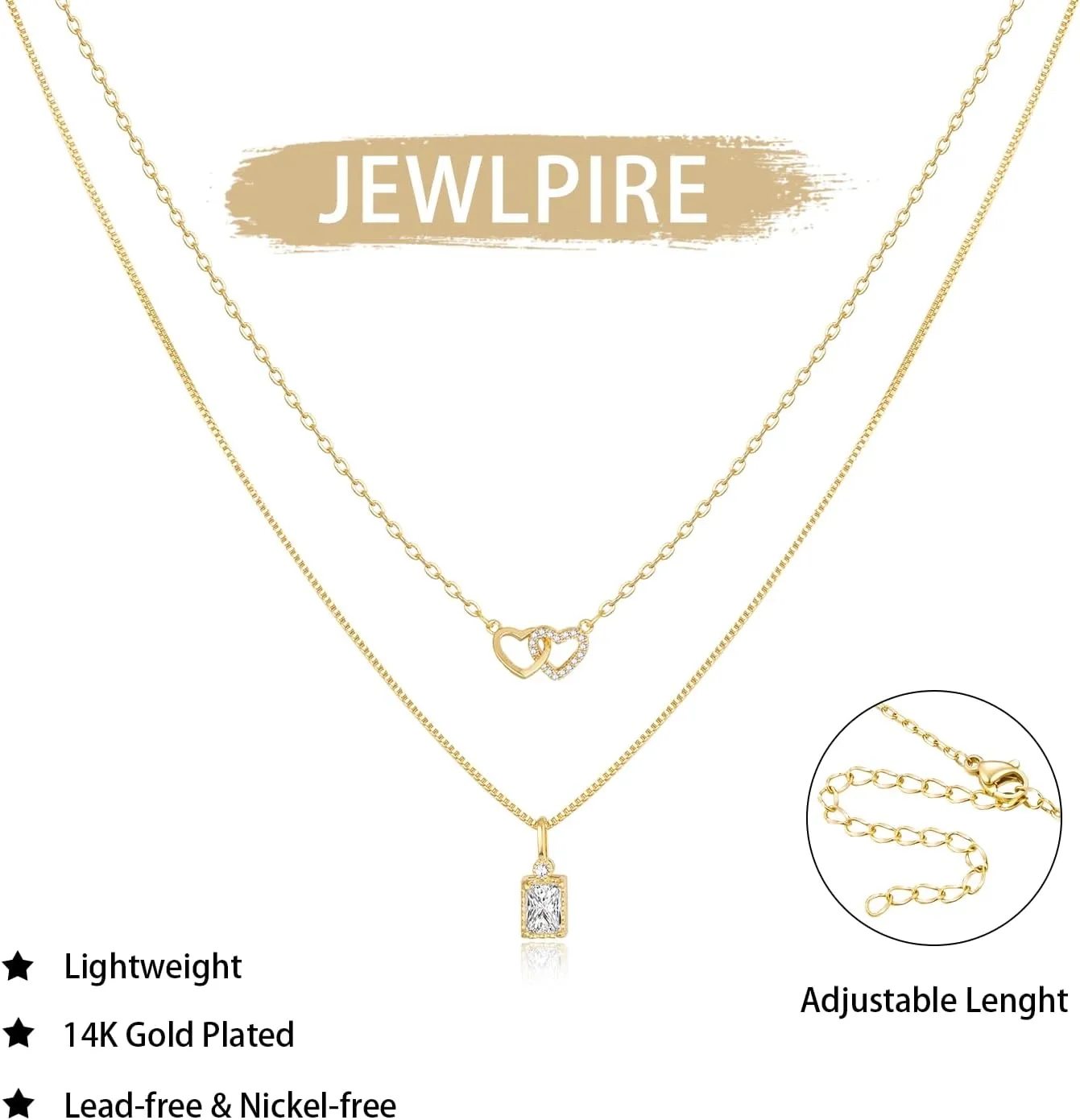Jewlpire 14K Plated Gold Layered Necklaces for Women, Dainty Gold Herringbone Necklace with Paperclip Chain