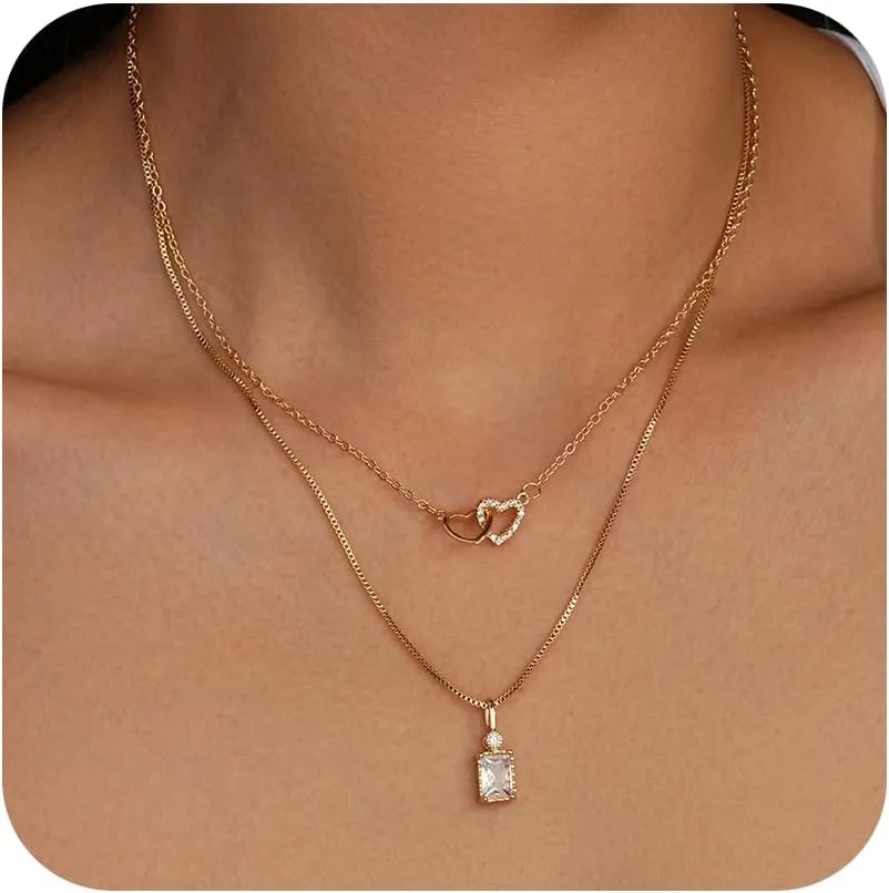 Jewlpire 14K Plated Gold Layered Necklaces for Women, Dainty Gold Herringbone Necklace with Paperclip Chain