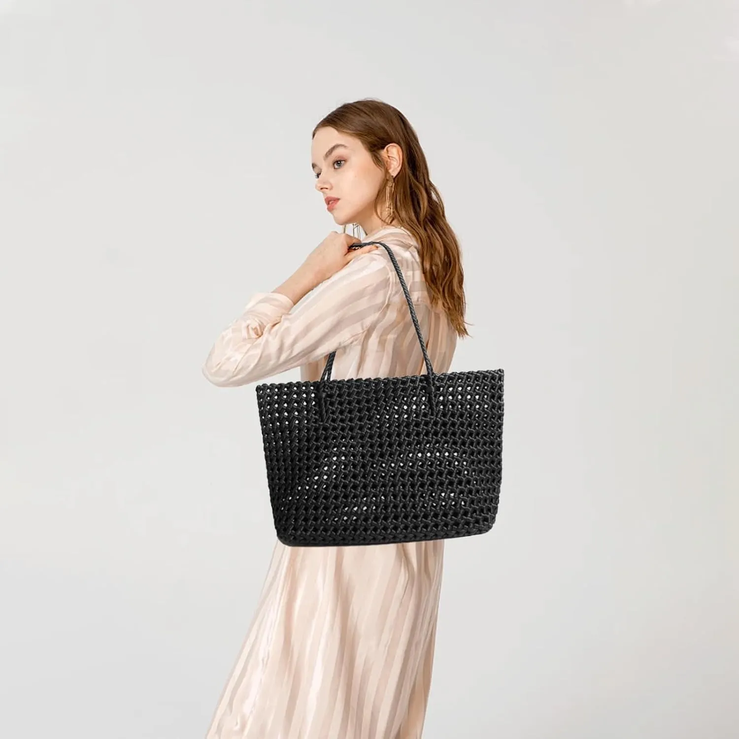JINMANXUE Woven Tote Bag For Women,Travel Shoulder Bag, Large Hollow Beach Soft Satin Handbags Hand-woven Satchel Clutch