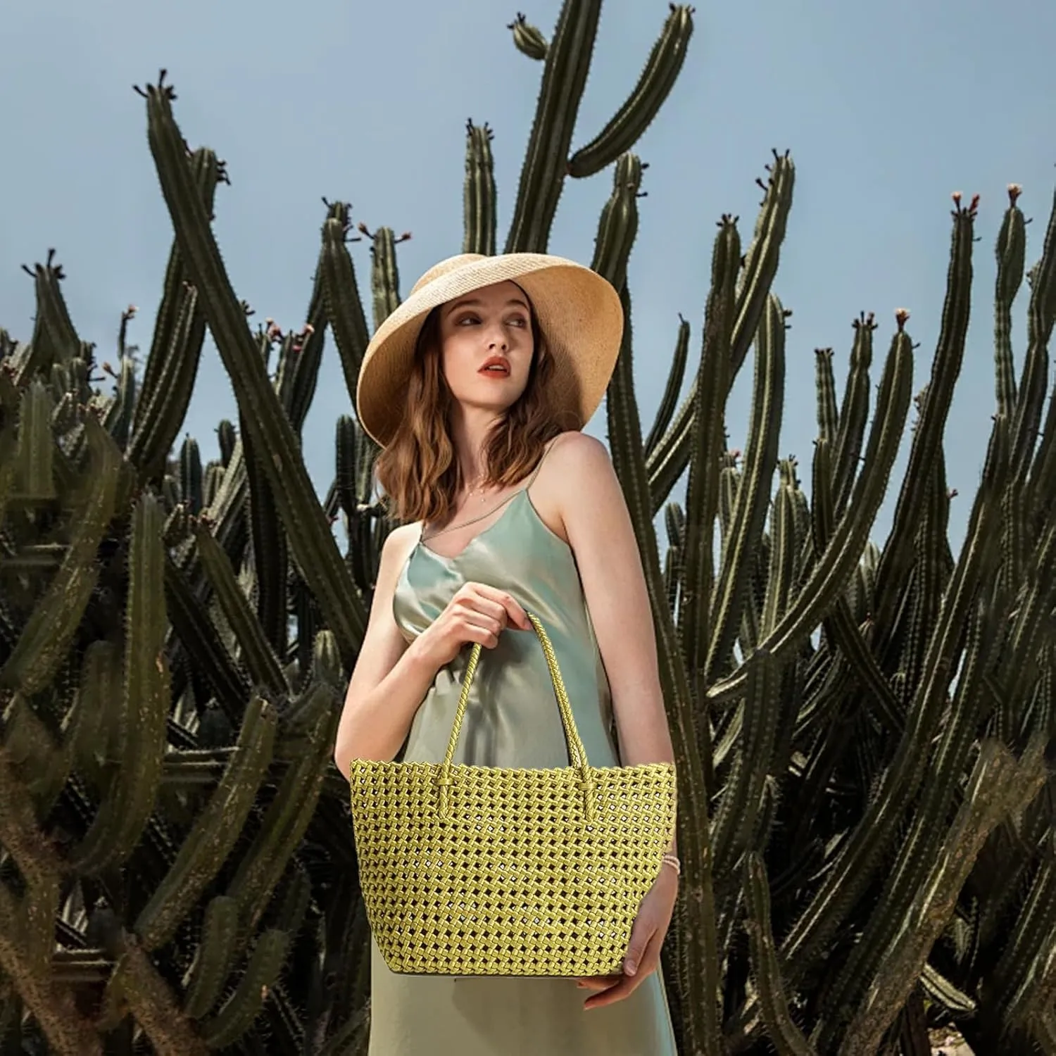 JINMANXUE Woven Tote Bag For Women,Travel Shoulder Bag, Large Hollow Beach Soft Satin Handbags Hand-woven Satchel Clutch