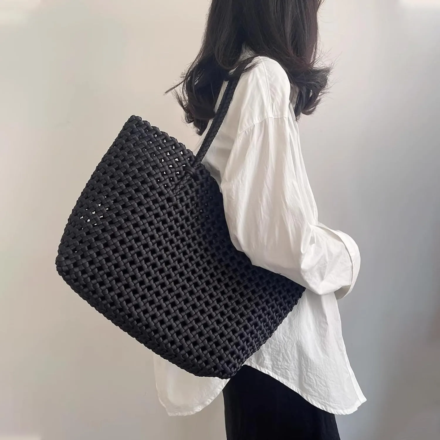 JINMANXUE Woven Tote Bag For Women,Travel Shoulder Bag, Large Hollow Beach Soft Satin Handbags Hand-woven Satchel Clutch