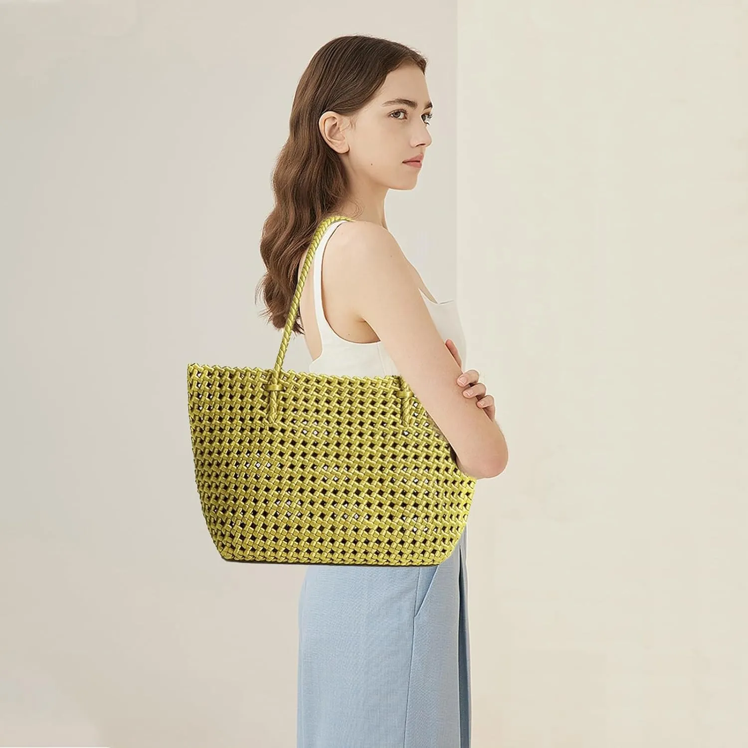 JINMANXUE Woven Tote Bag For Women,Travel Shoulder Bag, Large Hollow Beach Soft Satin Handbags Hand-woven Satchel Clutch