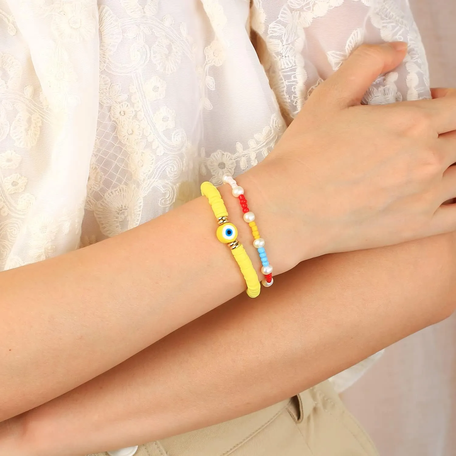 KELITCH Women Rainbow Pearls Bracelets Evil Eye Stretch Bracelet Handmade Wrap Cuff Charm Bracelets