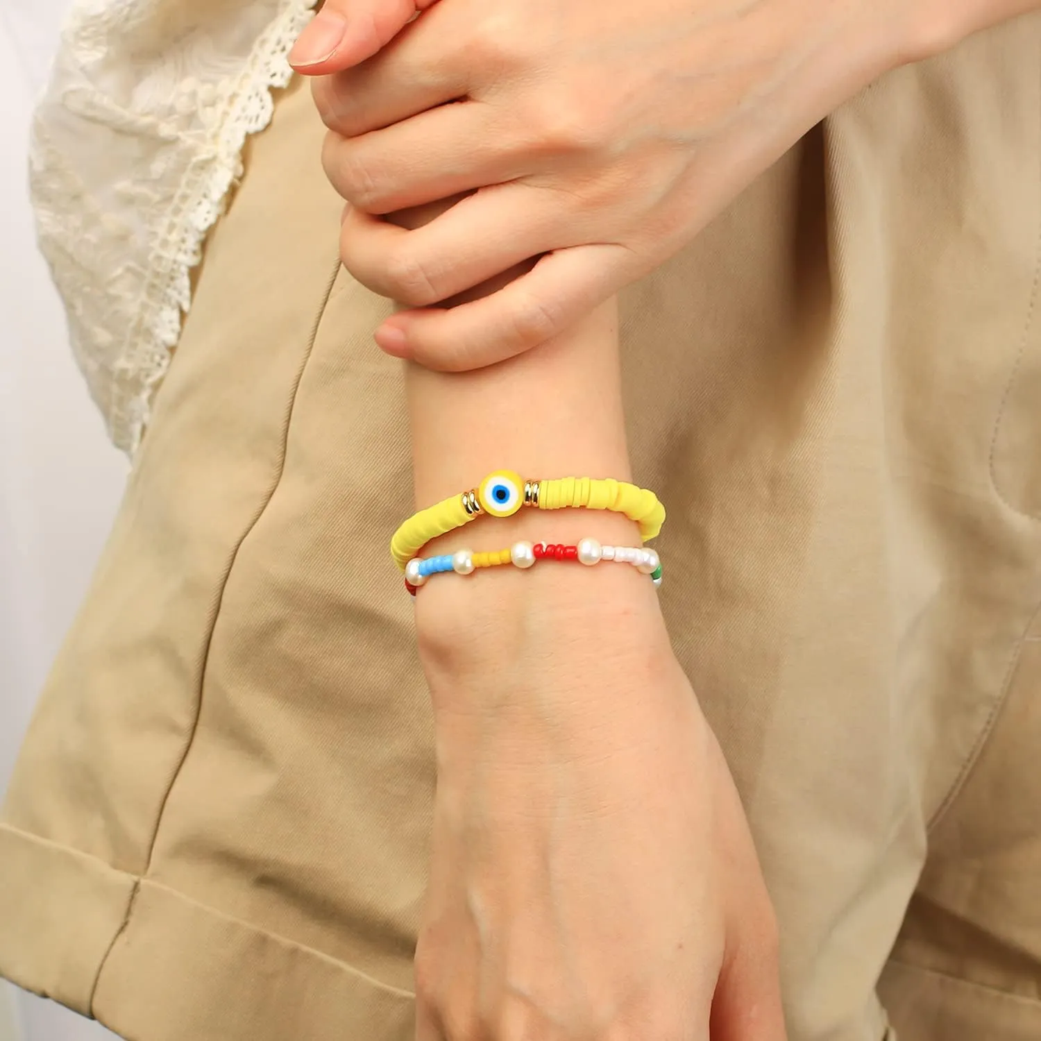 KELITCH Women Rainbow Pearls Bracelets Evil Eye Stretch Bracelet Handmade Wrap Cuff Charm Bracelets