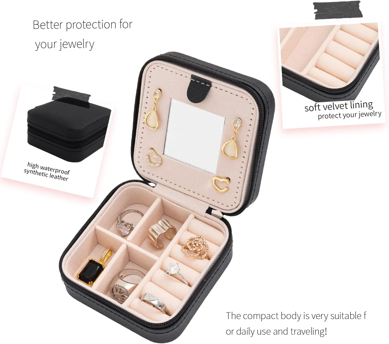 KElofoN Travel jewelry case Travel jewelry box Travel Jewelry Organizer Small Jewelry Organizer Box for Girls Women with Mirror(Black)