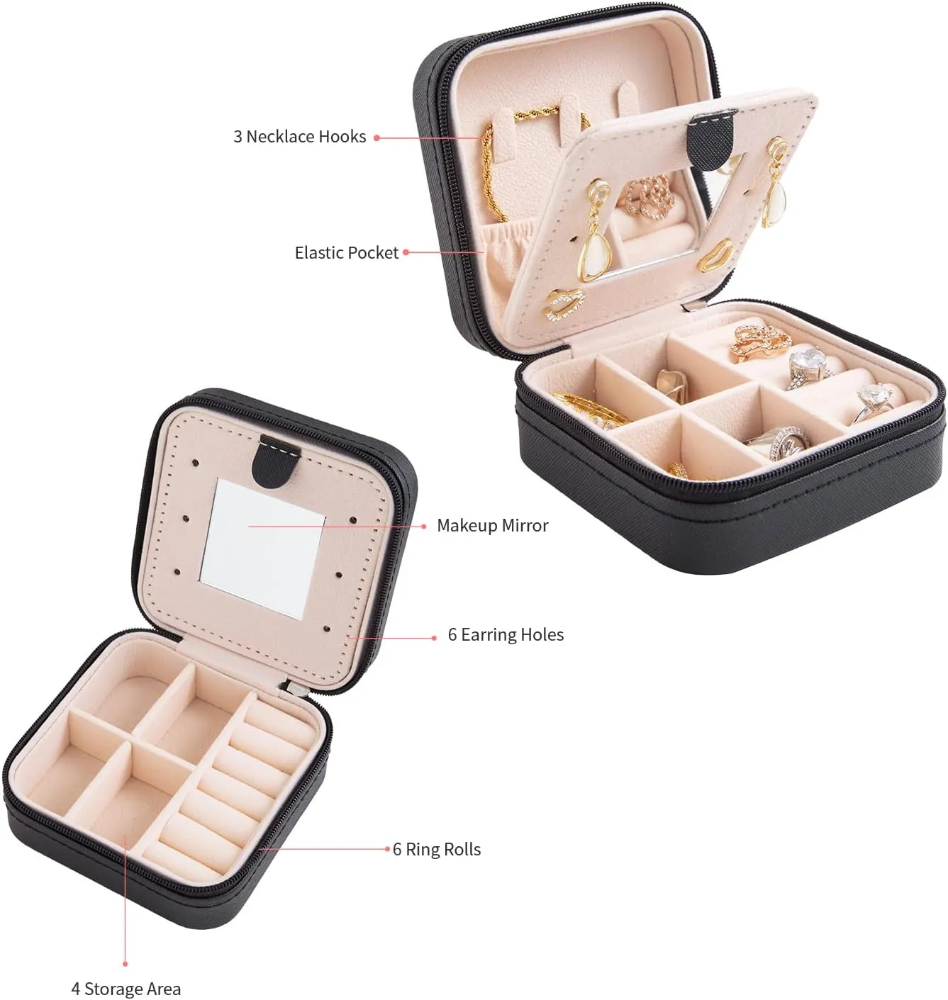 KElofoN Travel jewelry case Travel jewelry box Travel Jewelry Organizer Small Jewelry Organizer Box for Girls Women with Mirror(Black)