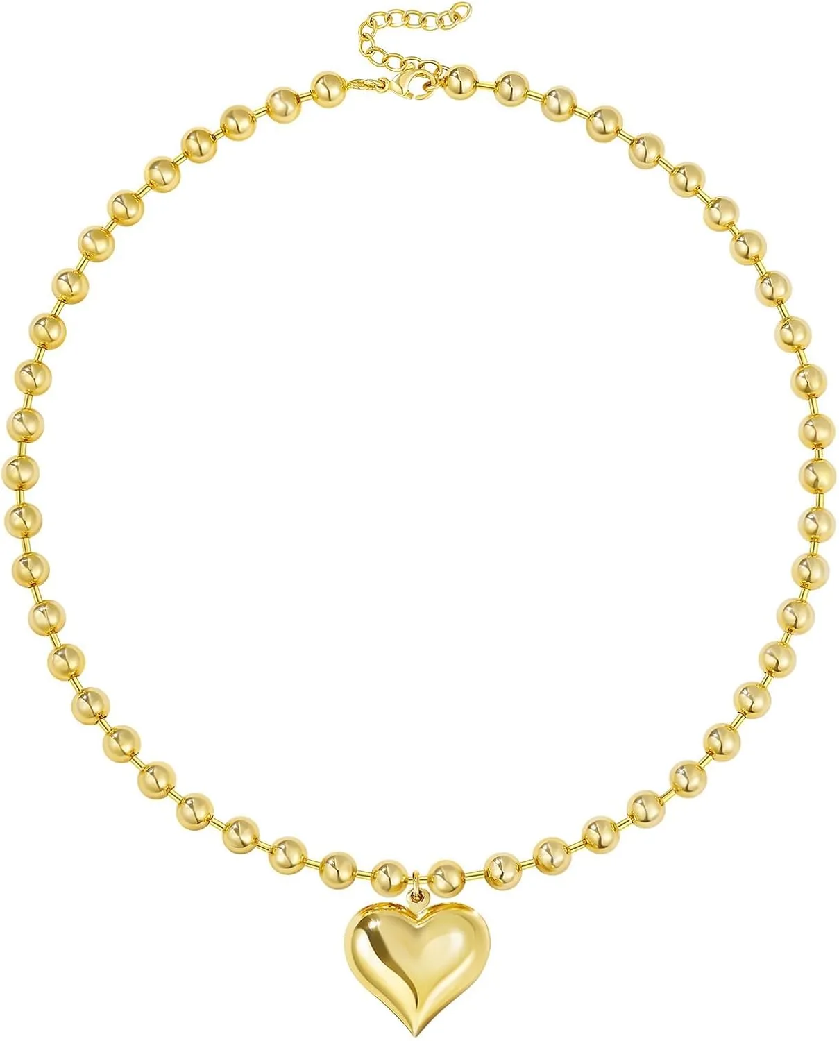 KELORIS PATH Heart Necklace for Women, 14K Gold Plated Chunky Puffy Pendant Charm Choker, Trendy Statement Ball Chain Jewelry Gifts