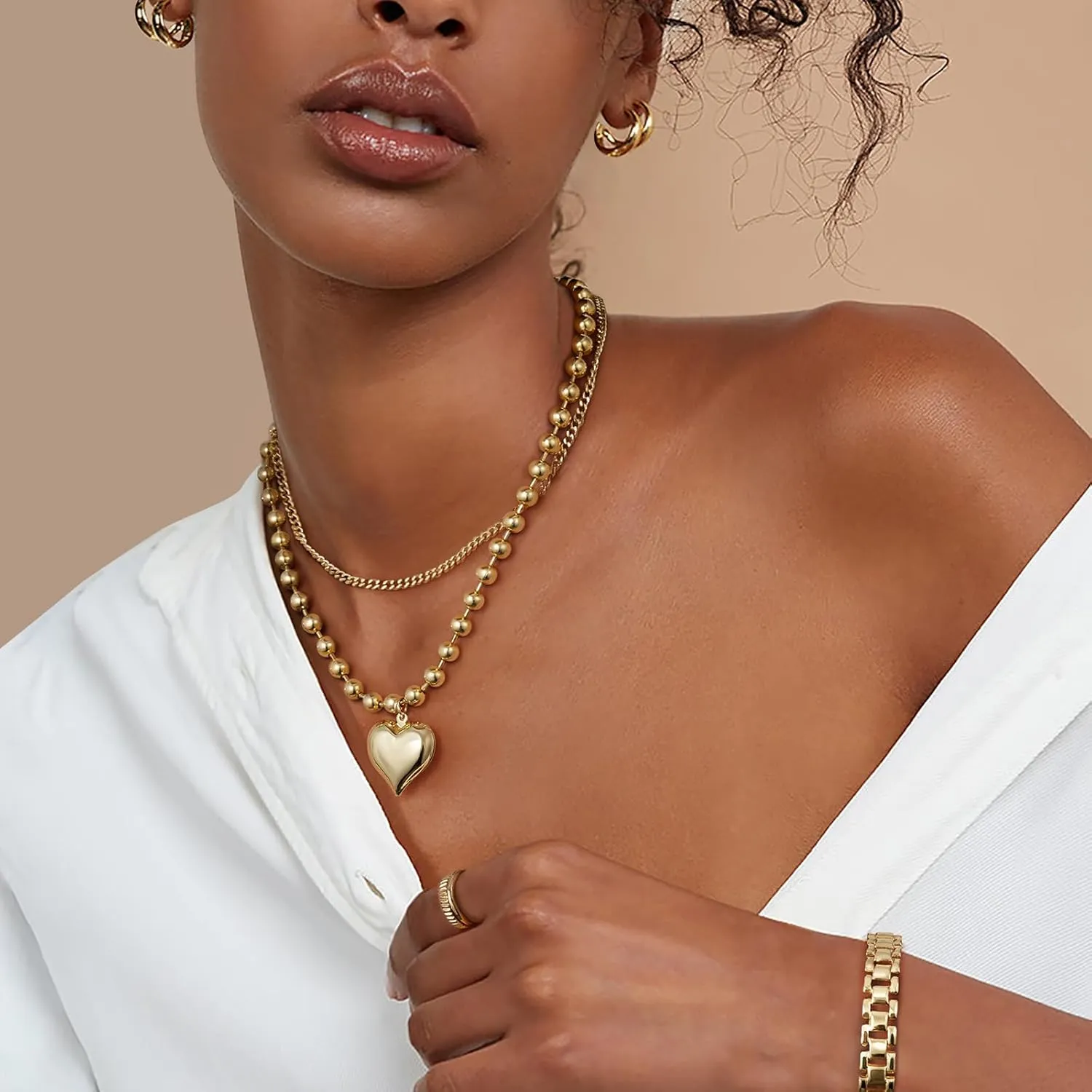 KELORIS PATH Heart Necklace for Women, 14K Gold Plated Chunky Puffy Pendant Charm Choker, Trendy Statement Ball Chain Jewelry Gifts