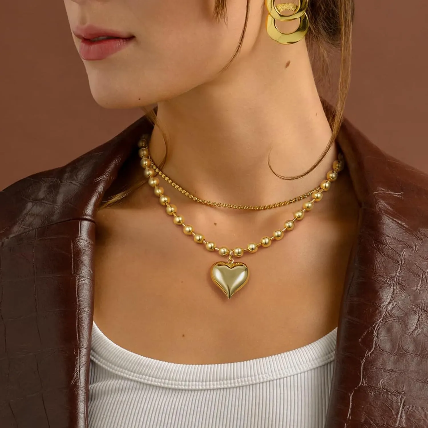 KELORIS PATH Heart Necklace for Women, 14K Gold Plated Chunky Puffy Pendant Charm Choker, Trendy Statement Ball Chain Jewelry Gifts
