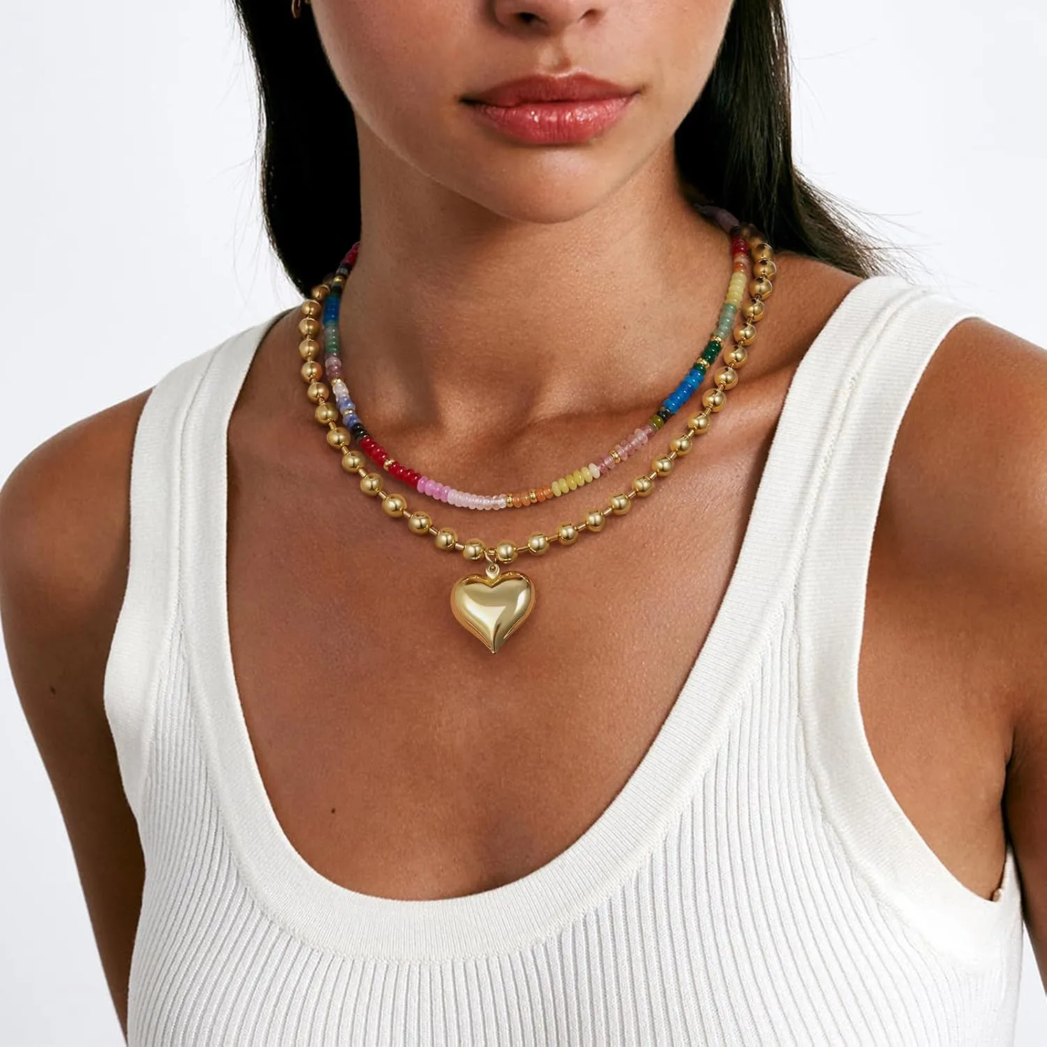 KELORIS PATH Heart Necklace for Women, 14K Gold Plated Chunky Puffy Pendant Charm Choker, Trendy Statement Ball Chain Jewelry Gifts