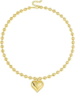 KELORIS PATH Heart Necklace for Women, 14K Gold Plated Chunky Puffy Pendant Charm Choker, Trendy Statement Ball Chain Jewelry Gifts